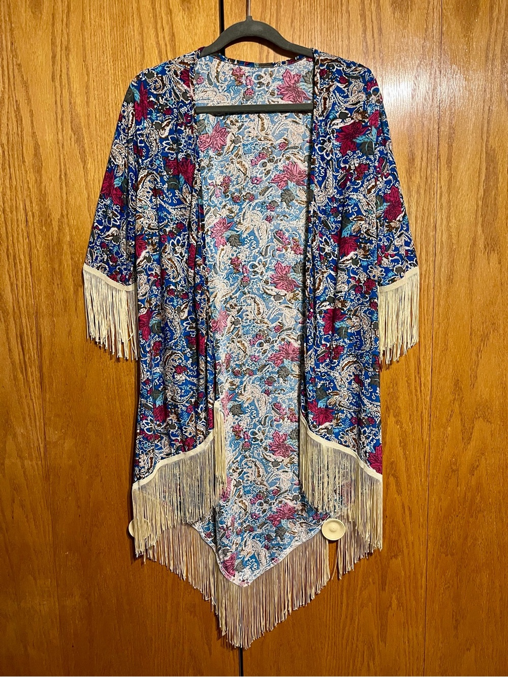 Floral Fringe Open-Front Kimono in Blue and Cream